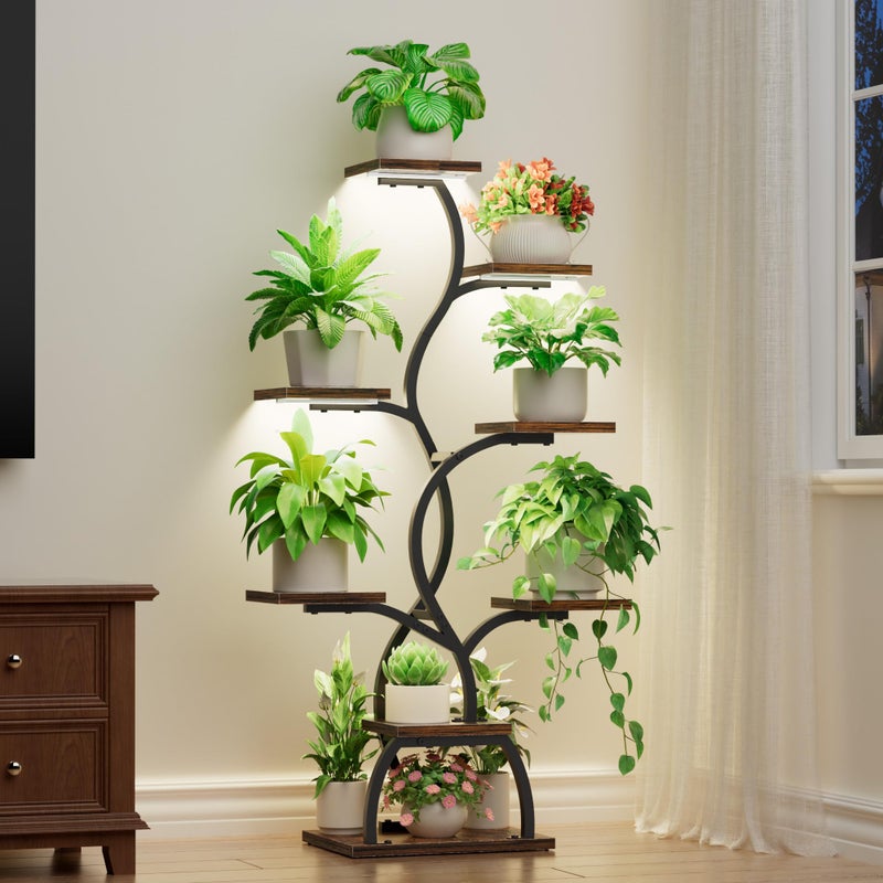 EVAWOO Plant Stand Indoor with Grow Light - 8 Tiered Plant Shelf Indoor, Corner Plant Stand, 49" Tall Plant Shelf with Lights for Indoor Growing, Lighted Flower Holder for Living Room, Balcony, Black - Image 1