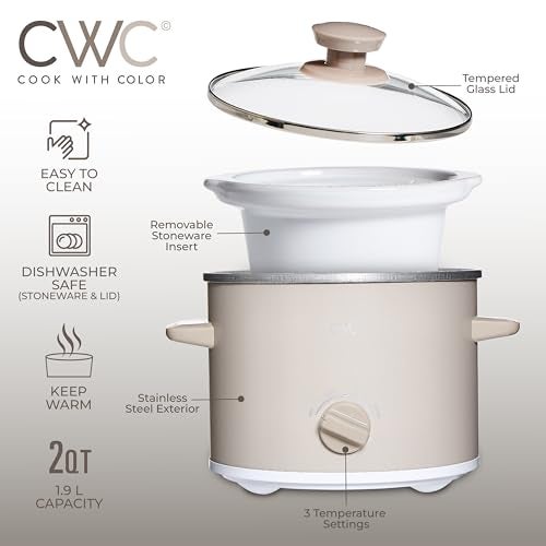 COOK WITH COLOR 2QT Mini Electric Round Slow Cooker - Adjustable Settings, Removable Stoneware Pot, Tempered Glass Lid, Dishwasher Safe, Cool-Touch Side Handles, Sand - Image 4