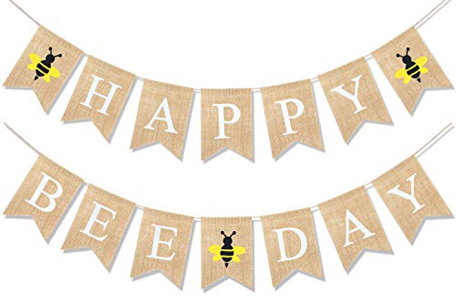 Uniwish Happy Bee Day Burlap Banner Bumblebee Themed Baby Shower Birthday Party Decorations Rustic Gifts for Boys Girls - Image 1