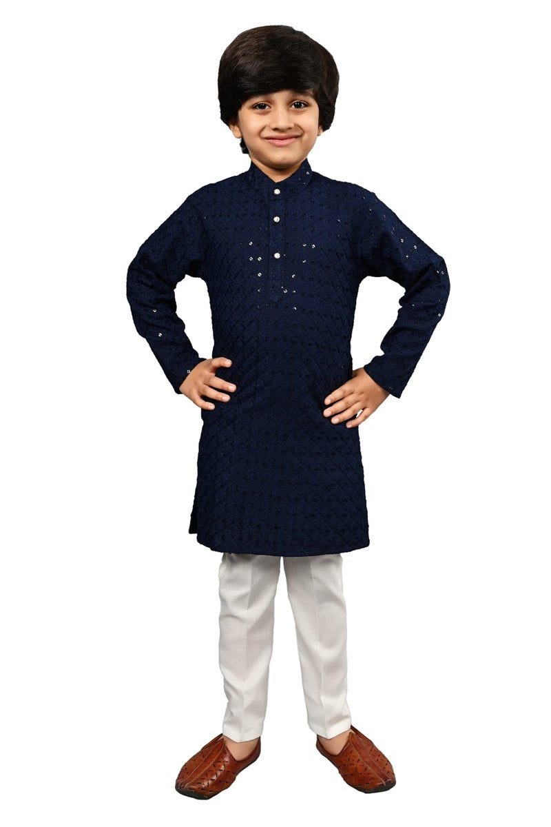 AHHAAAA Boys Cotton Floral Full Sequin Embroidery Mirror Work Kurta Sets With Pajama (Navy, 2-3 Yrs) 502Mf - Image 1