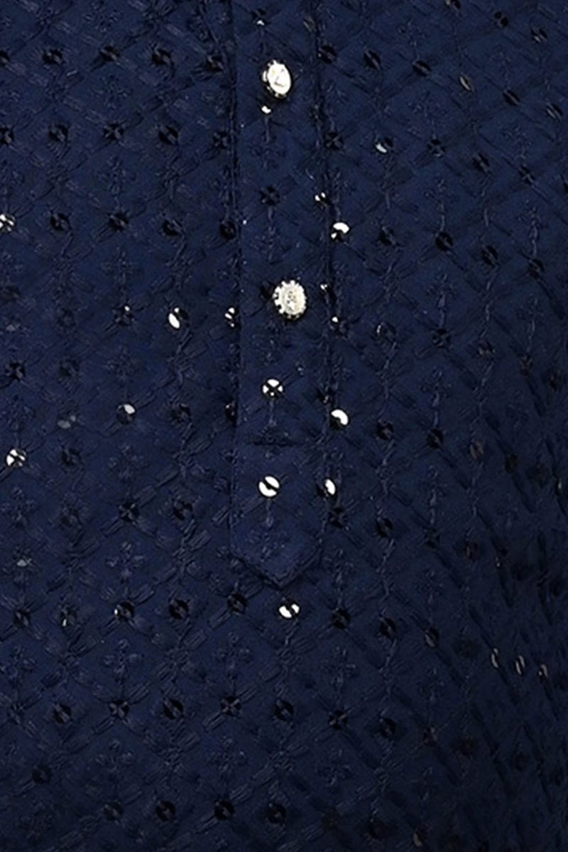 AHHAAAA Boys Cotton Floral Full Sequin Embroidery Mirror Work Kurta Sets With Pajama (Navy, 2-3 Yrs) 502Mf - Image 5