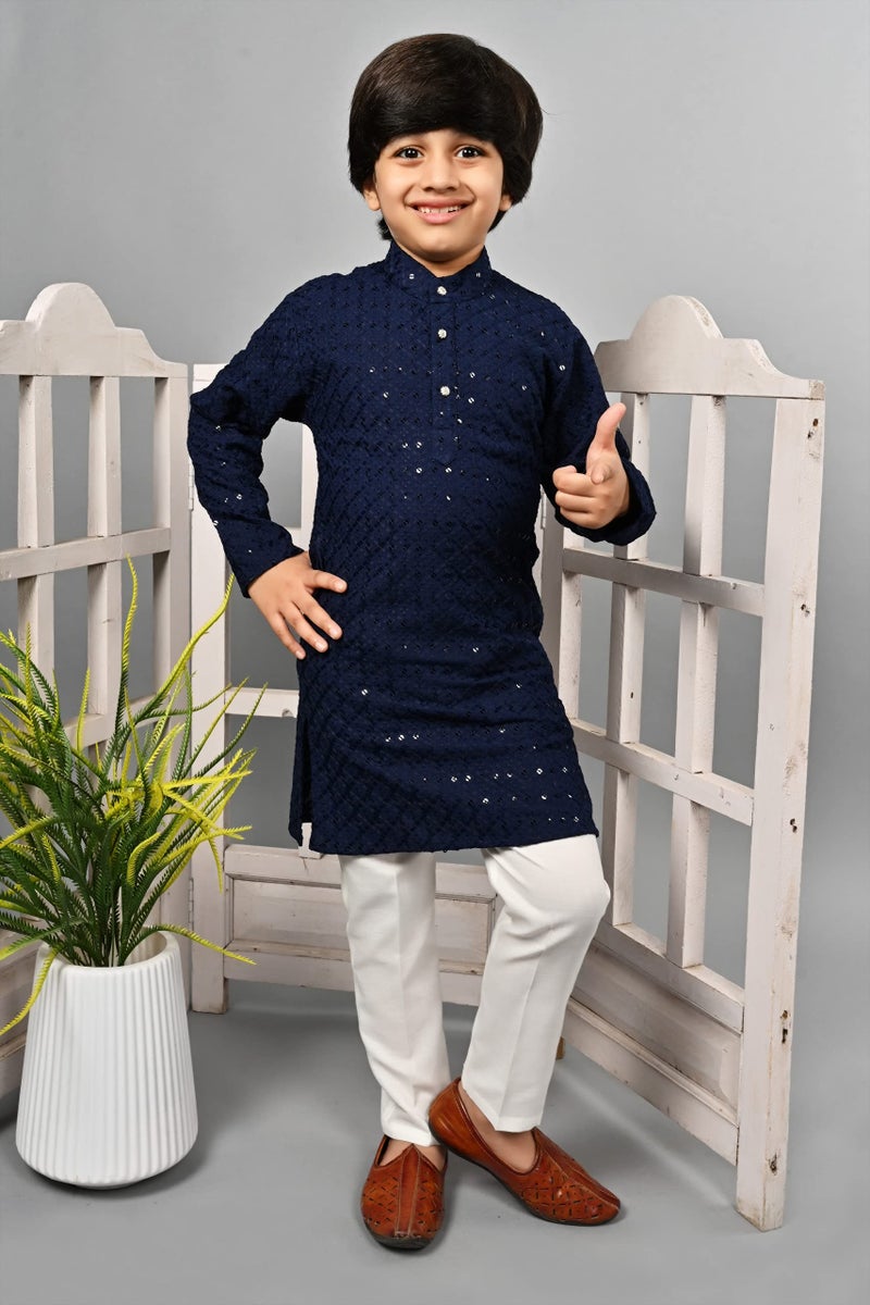 AHHAAAA Boys Cotton Floral Full Sequin Embroidery Mirror Work Kurta Sets With Pajama (Navy, 2-3 Yrs) 502Mf - Image 2