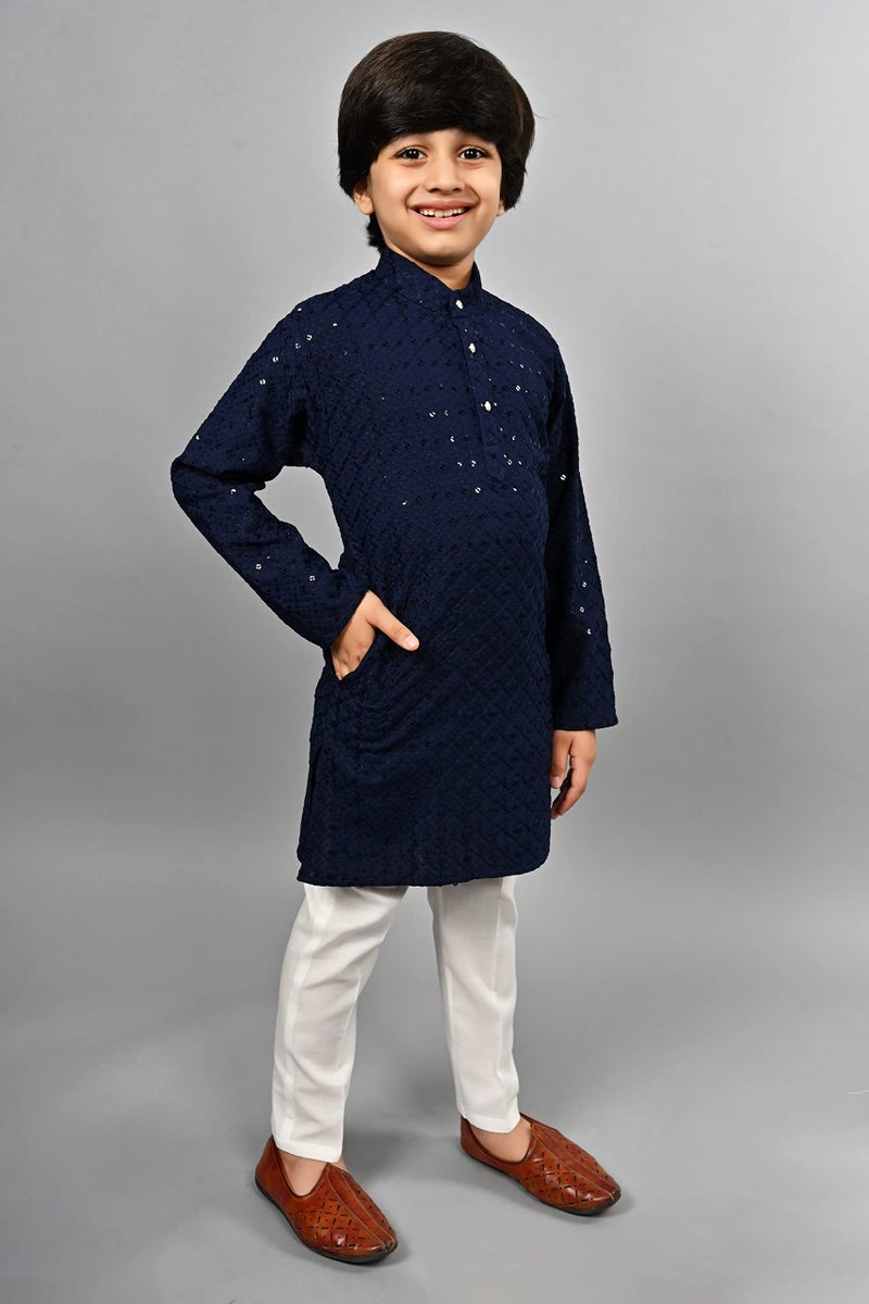 AHHAAAA Boys Cotton Floral Full Sequin Embroidery Mirror Work Kurta Sets With Pajama (Navy, 2-3 Yrs) 502Mf - Image 4