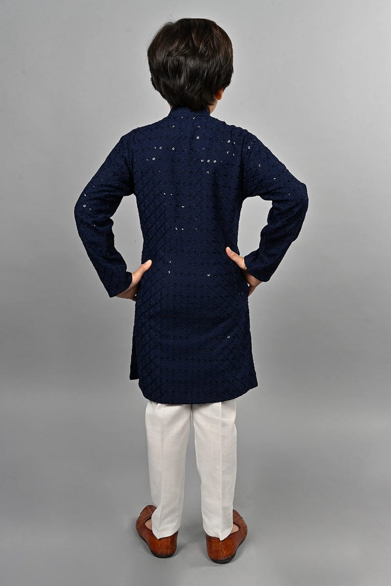 AHHAAAA Boys Cotton Floral Full Sequin Embroidery Mirror Work Kurta Sets With Pajama (Navy, 2-3 Yrs) 502Mf - Image 3