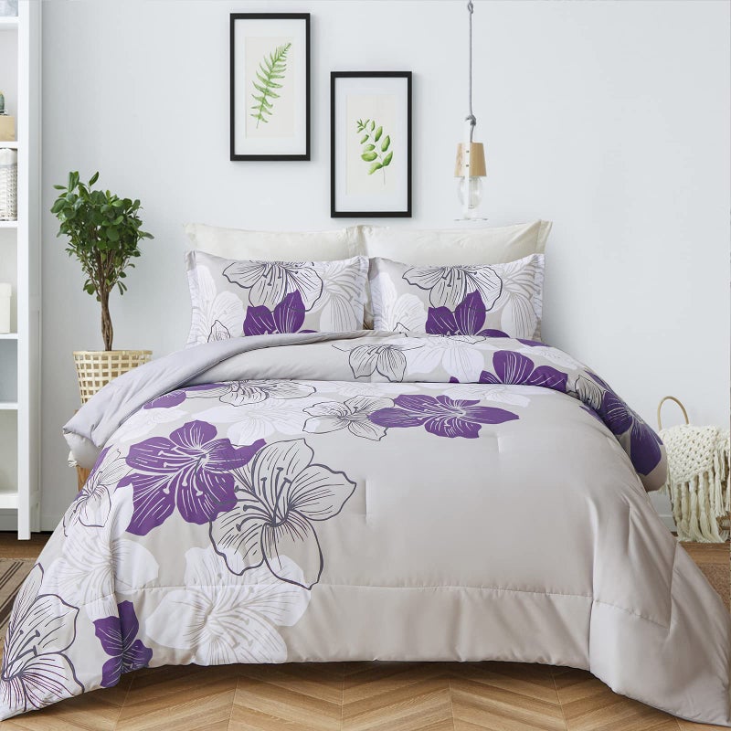 Menghomeus California King Comforter Set Purple Floral Pattern Printed on Grey Cal King Bedding Set Soft Microfiber Bed Comforter Set for All Season - Image 1