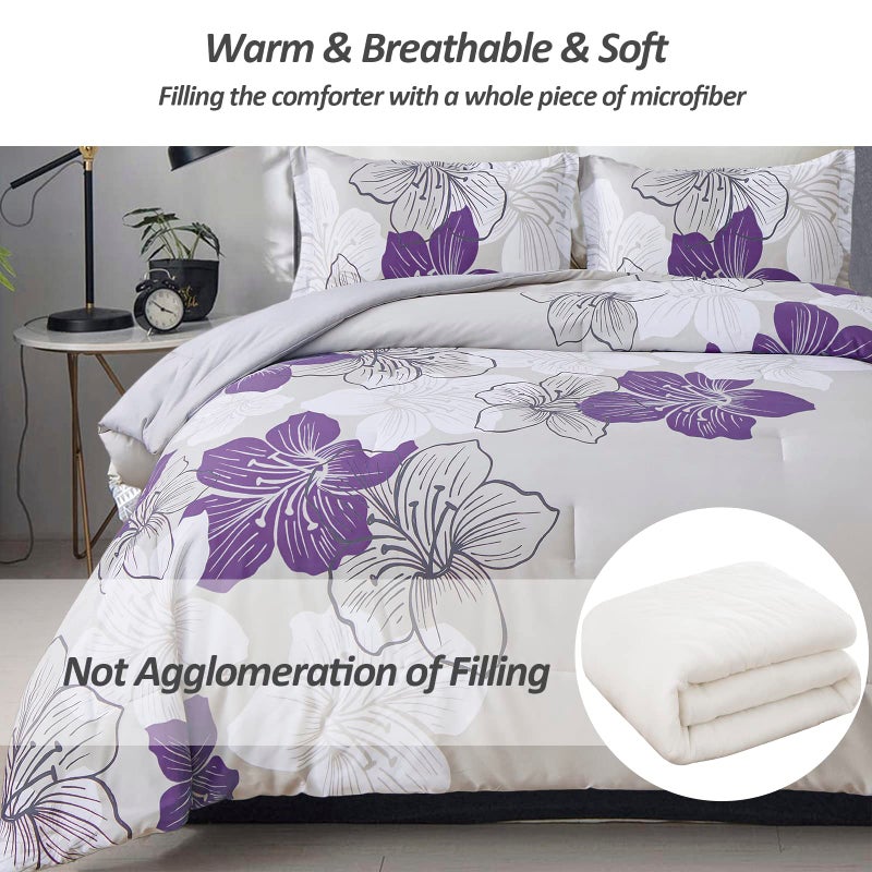 Menghomeus California King Comforter Set Purple Floral Pattern Printed on Grey Cal King Bedding Set Soft Microfiber Bed Comforter Set for All Season - Image 3