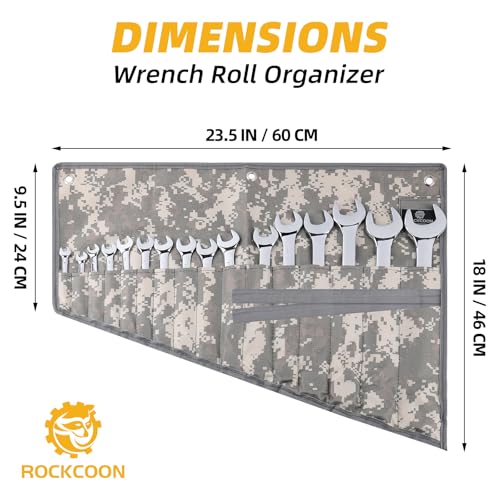ROCKCOON 16 Pocket Wrench Roll Organizer, Rolled Tool Pouch Bag with Water Proof Oxford Cloth, Light Camouflage - Image 4