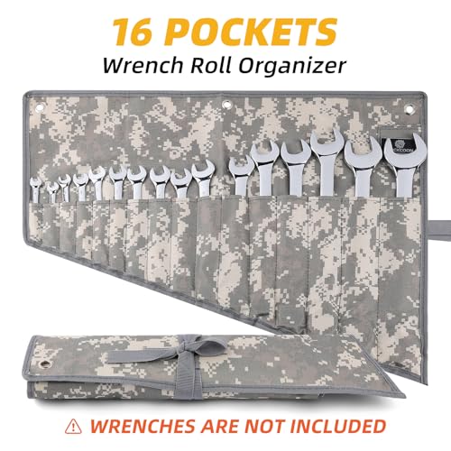 ROCKCOON 16 Pocket Wrench Roll Organizer, Rolled Tool Pouch Bag with Water Proof Oxford Cloth, Light Camouflage - Image 2