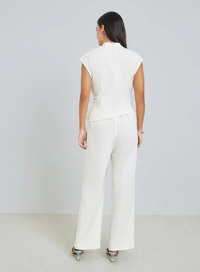 Styli Beige Beige Asymmetric Hem Top and Wide Leg Pants Co-Ords for Women | Best Price UAE