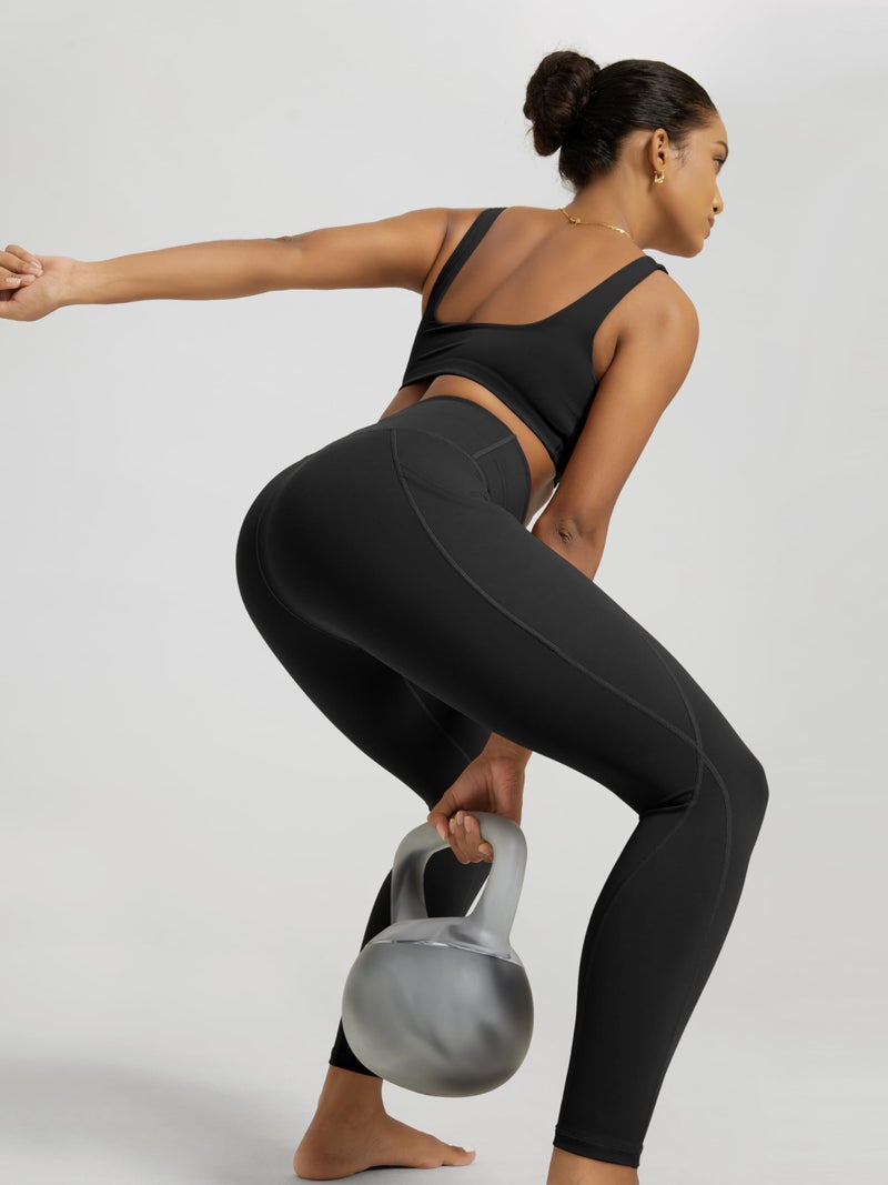 ODODOS Women's High Waisted 7/8 Yoga Leggings with Pockets, 25" Inseam Tummy Control Non See Through Workout Athletic Running Yoga Pants, Black, Large - Image 4