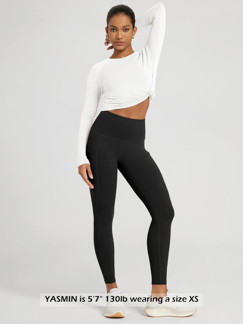 ODODOS Women's High Waisted 7/8 Yoga Leggings with Pockets, 25" Inseam Tummy Control Non See Through Workout Athletic Running Yoga Pants, Black, Large - Image 3