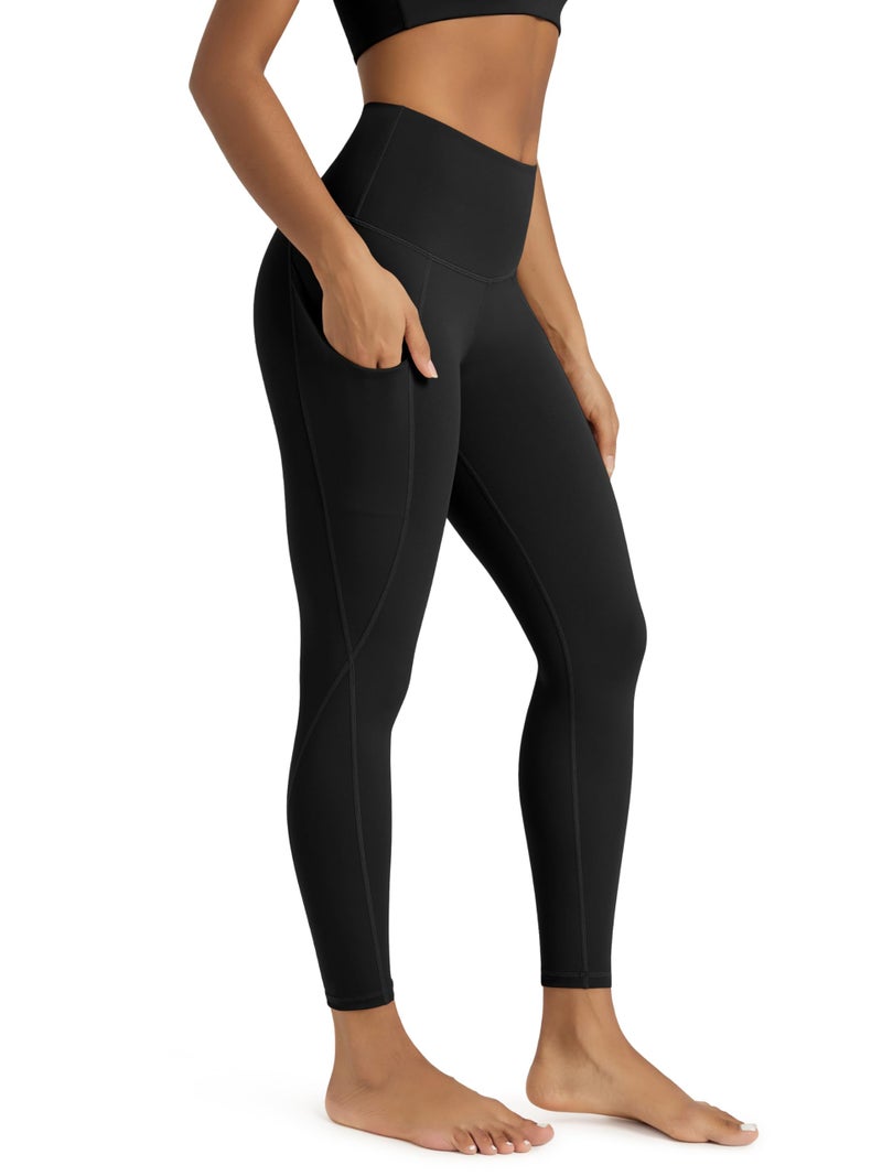 ODODOS Women's High Waisted 7/8 Yoga Leggings with Pockets, 25" Inseam Tummy Control Non See Through Workout Athletic Running Yoga Pants, Black, Large - Image 1