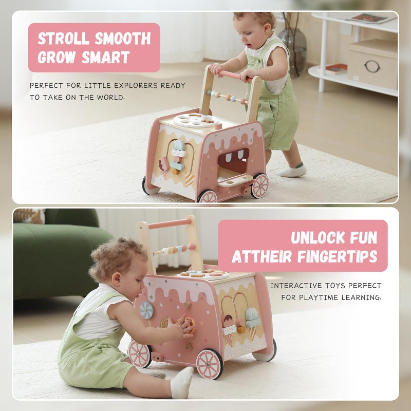 bpmfkid Wooden Baby Walker, Multifunctional Ice Cream Cart Activity Toy for Learning to Push Walk with Wheels, Pretend Playset Ideal for Toddlers, Boys and Girls Ages 18-36M - Image 3
