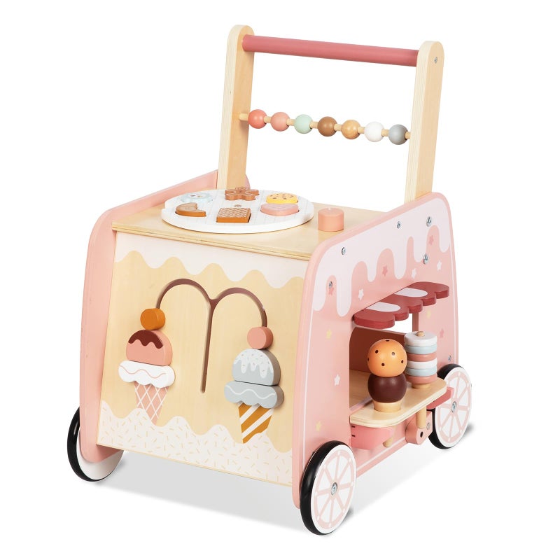bpmfkid Wooden Baby Walker, Multifunctional Ice Cream Cart Activity Toy for Learning to Push Walk with Wheels, Pretend Playset Ideal for Toddlers, Boys and Girls Ages 18-36M - Image 1