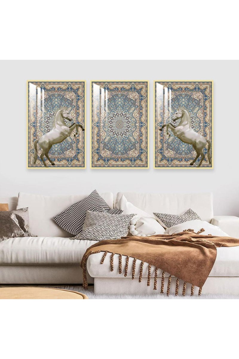 Marktna Three wooden wall painting with a horse design, with a frame and a clear acrylic layer. - Image 1