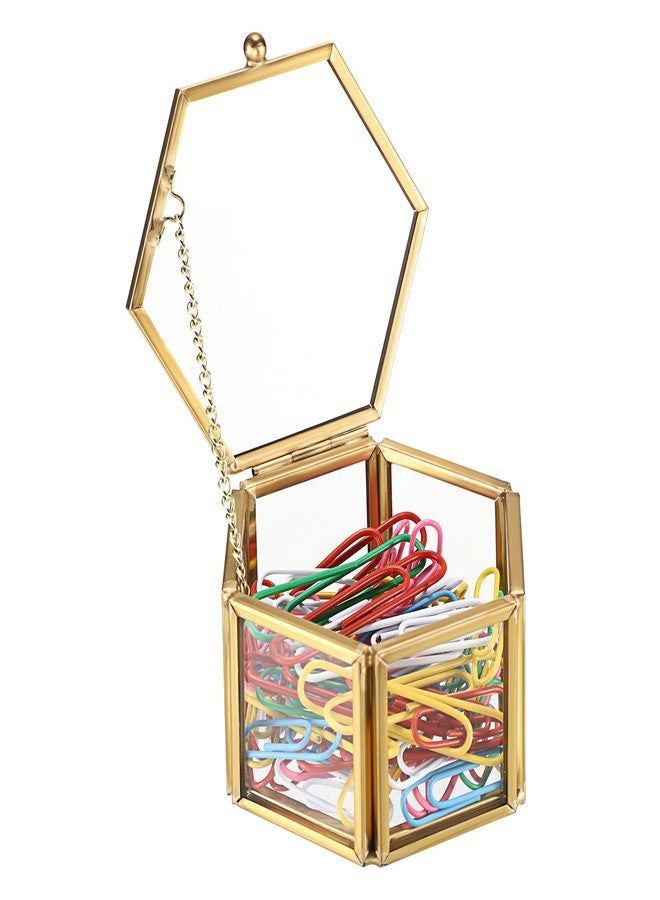 BTSKY Golden Glass Paper Clip Holder, Compact Hexagon Binder Holder for Desk, Clear Elegant Paper Clip Dispenser, Decorative Mini Storage Box Small Office Supply Accessory Organizer - Image 1