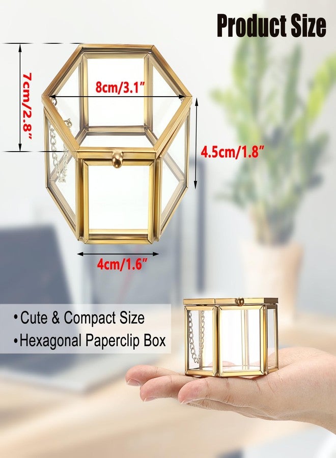 BTSKY Golden Glass Paper Clip Holder, Compact Hexagon Binder Holder for Desk, Clear Elegant Paper Clip Dispenser, Decorative Mini Storage Box Small Office Supply Accessory Organizer - Image 3
