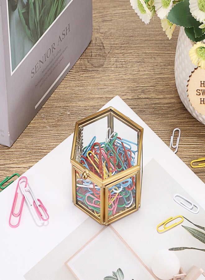 BTSKY Golden Glass Paper Clip Holder, Compact Hexagon Binder Holder for Desk, Clear Elegant Paper Clip Dispenser, Decorative Mini Storage Box Small Office Supply Accessory Organizer - Image 2