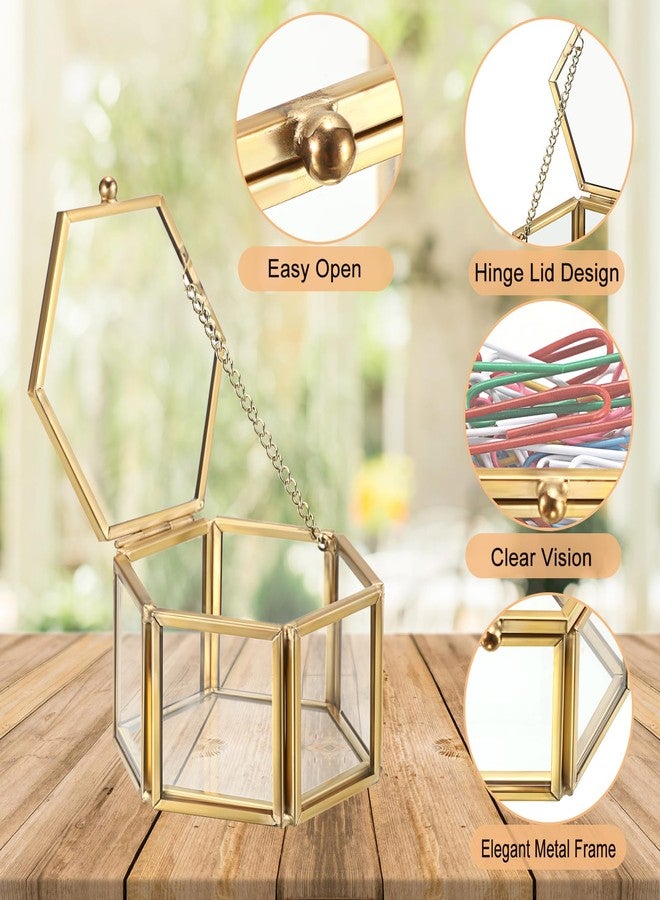BTSKY Golden Glass Paper Clip Holder, Compact Hexagon Binder Holder for Desk, Clear Elegant Paper Clip Dispenser, Decorative Mini Storage Box Small Office Supply Accessory Organizer - Image 4