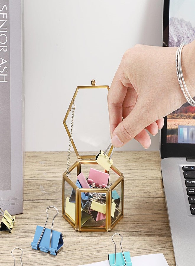 BTSKY Golden Glass Paper Clip Holder, Compact Hexagon Binder Holder for Desk, Clear Elegant Paper Clip Dispenser, Decorative Mini Storage Box Small Office Supply Accessory Organizer - Image 5