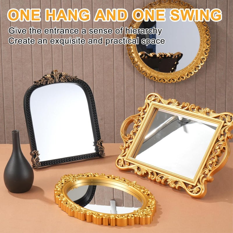 YEXEXINM 4 مجموعة مرايا ذهبية عتيقة الطراز، مرايا زخرفية للجدران، مرايا عتيقة الطراز معلقة، بلون أسود وذهبي، ��رآة لطاولة التزيين مع قاعدة، مناسبة لغرفة المعيشة، غرفة النوم، خزانة الملابس، أو كديكور لسطح المكتب للتصوير الفوتوغرافي. - Image 5