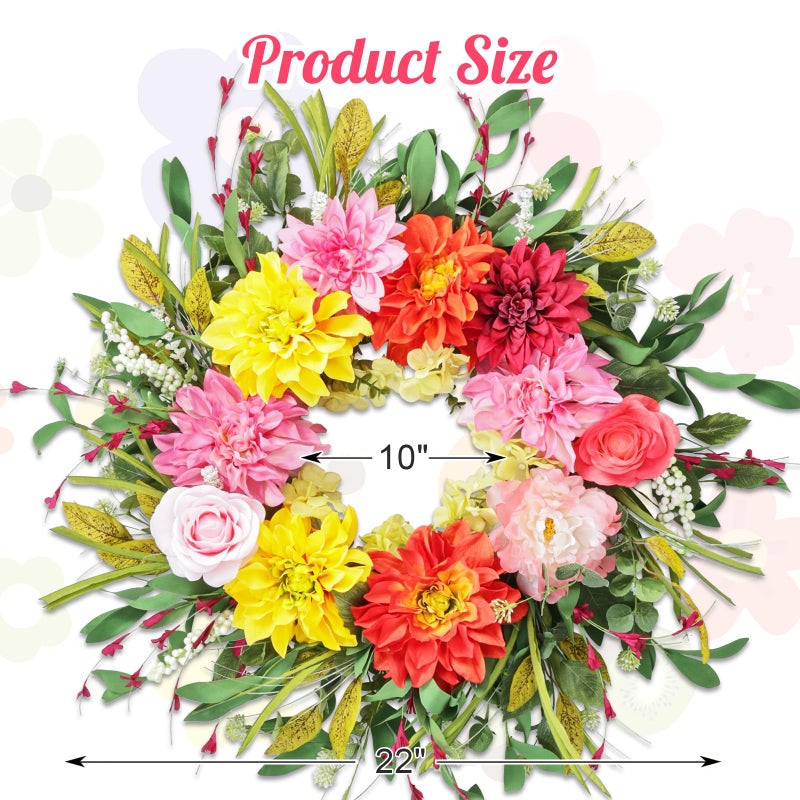 Montekin 24" Dahlia Spring Summer Wreath with Rose, Peony and Green Leaves, Colorful Artificial Flower Wreath for Front Door Home Wall Wedding Farmhouse Holiday Outdoor Indoor DÃ©cor - Image 4