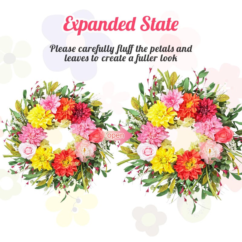 Montekin 24" Dahlia Spring Summer Wreath with Rose, Peony and Green Leaves, Colorful Artificial Flower Wreath for Front Door Home Wall Wedding Farmhouse Holiday Outdoor Indoor DÃ©cor - Image 3