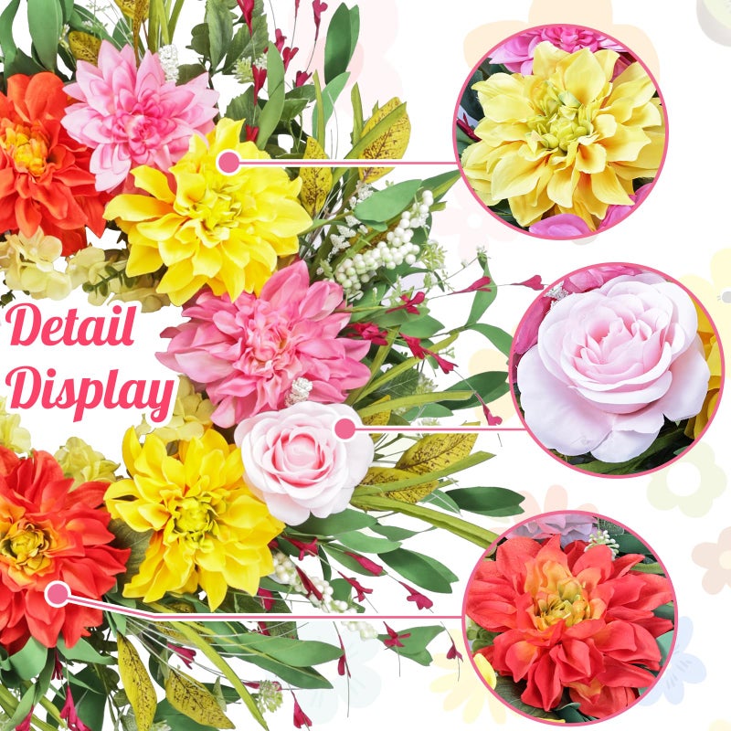 Montekin 24" Dahlia Spring Summer Wreath with Rose, Peony and Green Leaves, Colorful Artificial Flower Wreath for Front Door Home Wall Wedding Farmhouse Holiday Outdoor Indoor DÃ©cor - Image 2