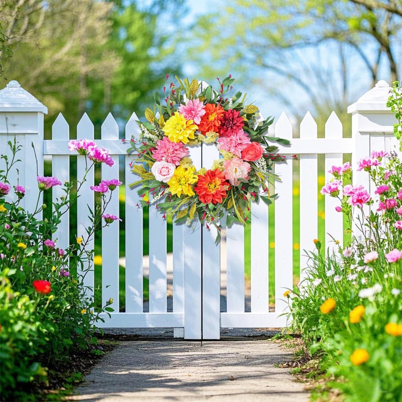 Montekin 24" Dahlia Spring Summer Wreath with Rose, Peony and Green Leaves, Colorful Artificial Flower Wreath for Front Door Home Wall Wedding Farmhouse Holiday Outdoor Indoor DÃ©cor - Image 5