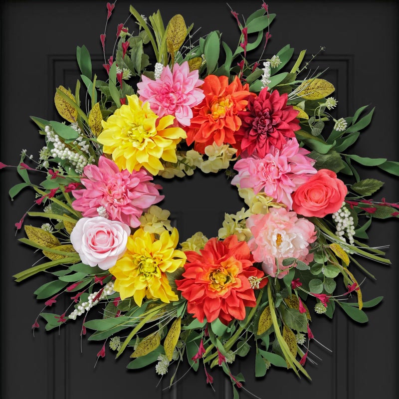 Montekin 24" Dahlia Spring Summer Wreath with Rose, Peony and Green Leaves, Colorful Artificial Flower Wreath for Front Door Home Wall Wedding Farmhouse Holiday Outdoor Indoor DÃ©cor - Image 1