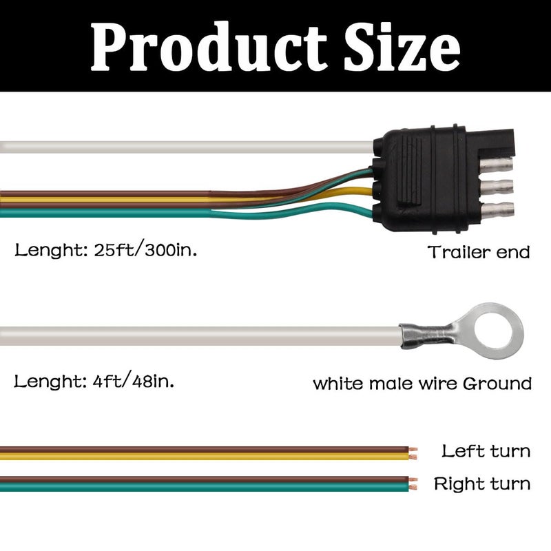 Seamaka 25ft 4 Wire 4-Flat Trailer Light Wiring Harness Extension Kit, Trailer Wiring Harness with 18 Gauge White Ground Wire for Trailers O-016 - Image 3