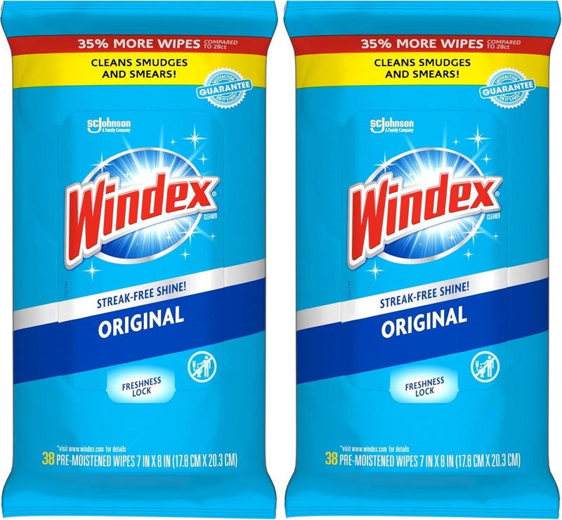 Windex Glass Wipes, Pre-Moistened | Original Scent | 38 Count | Pack of 2 - Image 1