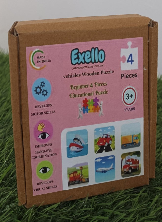 Exello 4 Piece Wooden Puzzle for Kids - Set of 6 Vehicles Jigsaw Puzzle, 4x4 Inches Size, Animals Wooden Jigsaw Puzzle Games for Children & Kids, Jigsaw Puzzles for Kids. - Image 3