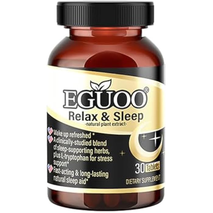 EGUOO Relax & Sleep Supplement for Adults – Melatonin 5mg + GABA 50mg + L-Tryptophan + Magnesium 120mg – with St. John’s Wort & Passion Flower – 30 Tablets - Image 1