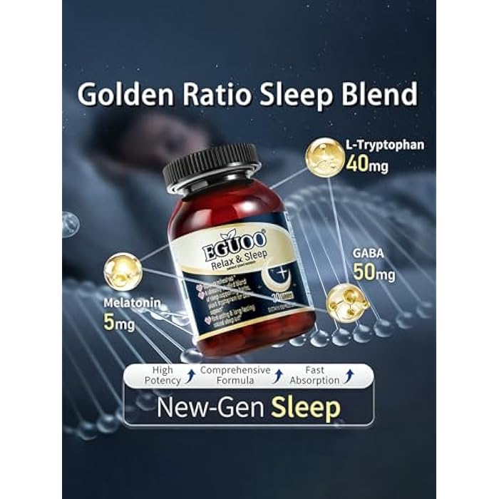 EGUOO Relax & Sleep Supplement for Adults – Melatonin 5mg + GABA 50mg + L-Tryptophan + Magnesium 120mg – with St. John’s Wort & Passion Flower – 30 Tablets - Image 4