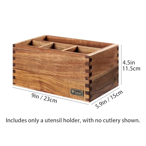 SANOSY Acacia Wood Utensil Holder, Paper Plate Dispenser Organizer for Countertop - 4 Compartment Silverware Caddy for Friendsgiving Party - Cutlery Holder for Cup, Fork, Spoon, Kitchen, Camping - Image 2