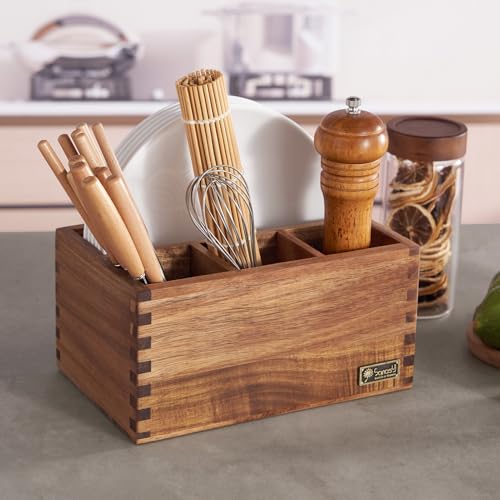 SANOSY Acacia Wood Utensil Holder, Paper Plate Dispenser Organizer for Countertop - 4 Compartment Silverware Caddy for Friendsgiving Party - Cutlery Holder for Cup, Fork, Spoon, Kitchen, Camping - Image 1