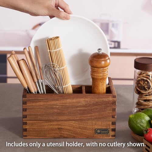 SANOSY Acacia Wood Utensil Holder, Paper Plate Dispenser Organizer for Countertop - 4 Compartment Silverware Caddy for Friendsgiving Party - Cutlery Holder for Cup, Fork, Spoon, Kitchen, Camping - Image 3