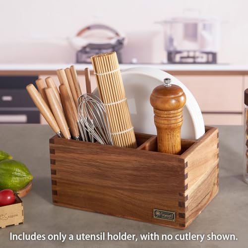 SANOSY Acacia Wood Utensil Holder, Paper Plate Dispenser Organizer for Countertop - 4 Compartment Silverware Caddy for Friendsgiving Party - Cutlery Holder for Cup, Fork, Spoon, Kitchen, Camping - Image 5