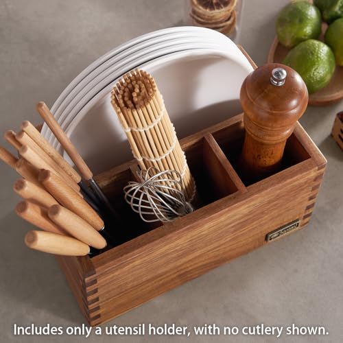 SANOSY Acacia Wood Utensil Holder, Paper Plate Dispenser Organizer for Countertop - 4 Compartment Silverware Caddy for Friendsgiving Party - Cutlery Holder for Cup, Fork, Spoon, Kitchen, Camping - Image 4