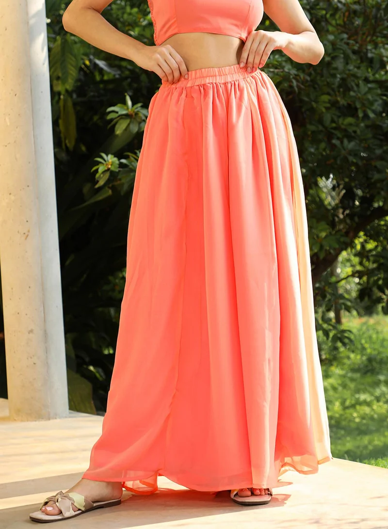  قصة Women's Peach Orange Bloom Motif Kurta With Crop Top And Palazzo