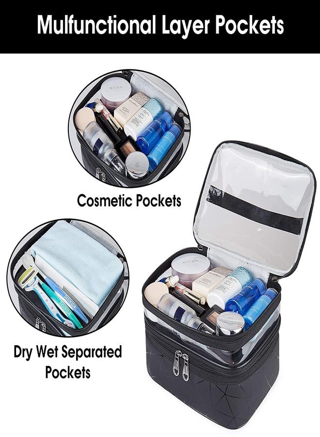 ERHETUS Luxury Double Layer Makeup Pouch for Women | Premium Cosmetic Bag for Girls | Toiletry Pouches Kit with Brush Holder | Travel Wash Bags and inner ware storage organizer - Black Diamond - Image 2