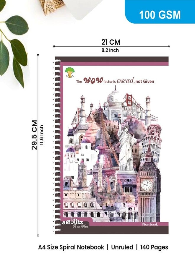 amblitz Unruled Spiral Notebook | 140 Pages | 100 GSM Thick Premium Paper |21cm X 29.7cm| A4 Size| - Image 3