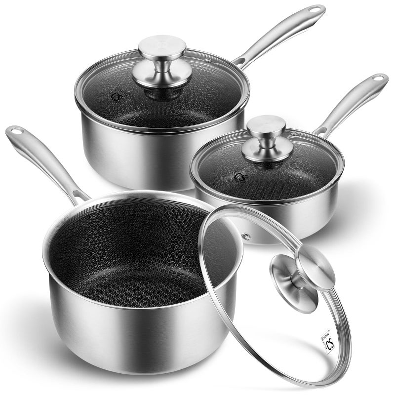 KOCH SYSTEME CS Hybrid Nonstick Stainless Steel Saucepan Set, 6-Piece Triply Stainless Steel Saucepan Set with Hybrid Honeycomb Interior, 1QT & 2QT & 3QT Sauce Pans, Induction Ready, Steel Pot Set - Image 1