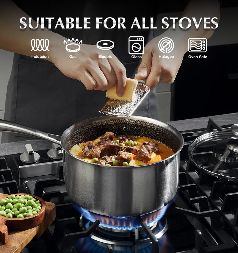 KOCH SYSTEME CS Hybrid Nonstick Stainless Steel Saucepan Set, 6-Piece Triply Stainless Steel Saucepan Set with Hybrid Honeycomb Interior, 1QT & 2QT & 3QT Sauce Pans, Induction Ready, Steel Pot Set - Image 4