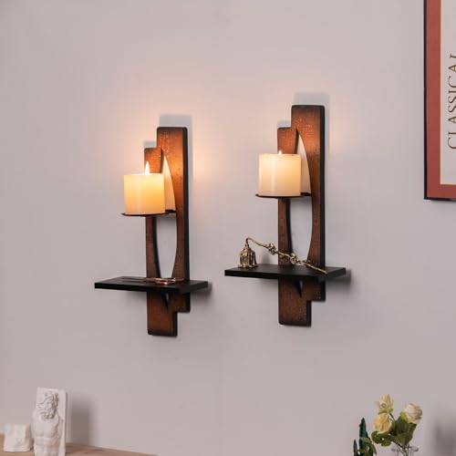 AIM & GGKK Wall Candle Sconce Holder,Set of 2 Rustic Wall Candle Sconce, Metal Double Shelf Design, Copper Brown Finish,for Living Room, Dining Room,Rustic Farmhouse Decorations - Image 1