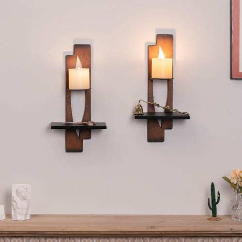 AIM & GGKK Wall Candle Sconce Holder,Set of 2 Rustic Wall Candle Sconce, Metal Double Shelf Design, Copper Brown Finish,for Living Room, Dining Room,Rustic Farmhouse Decorations - Image 5