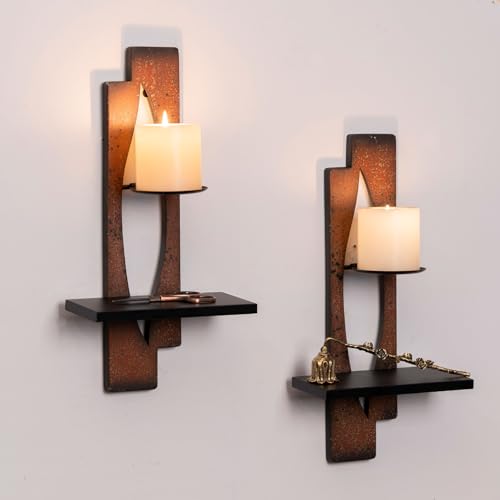 AIM & GGKK Wall Candle Sconce Holder,Set of 2 Rustic Wall Candle Sconce, Metal Double Shelf Design, Copper Brown Finish,for Living Room, Dining Room,Rustic Farmhouse Decorations - Image 2