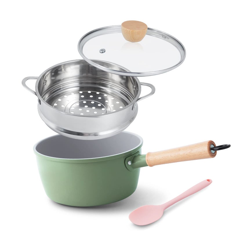 ROCKURWOK Ceramic Nonstick Sauce Pan with Lid, 2 Quart Cooking Pot, Small Saucepan with Steamer, PTFE& PFAS-Free, Wooden Handle for Cool Touch, Universal Base(Gas, Electric & Induction), Green - Image 1