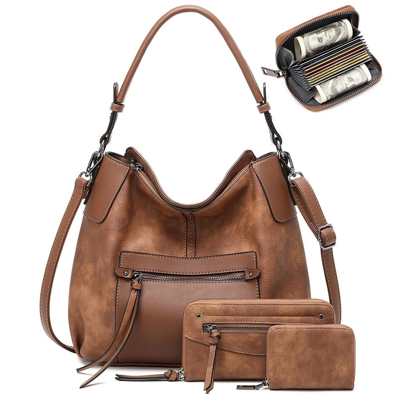 lapsting Hobo Bags for Women Handbags Boho Crossbody Ladies Shoulder Purses Designer Faux Leather with Wallet Brown 3PCS Set - Image 1